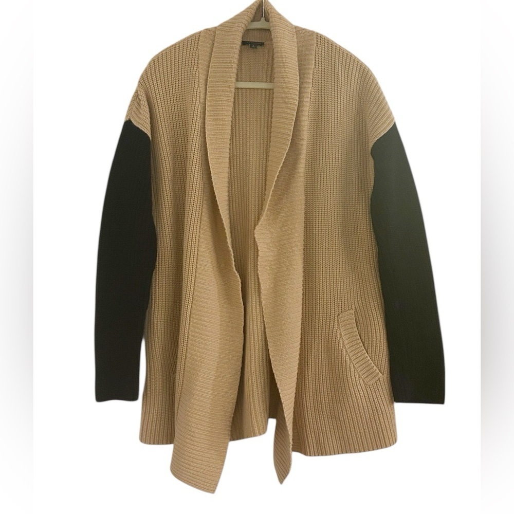 Talbots Tan Black Color Block Lambswool Blend Cardigan Sweater Size Small